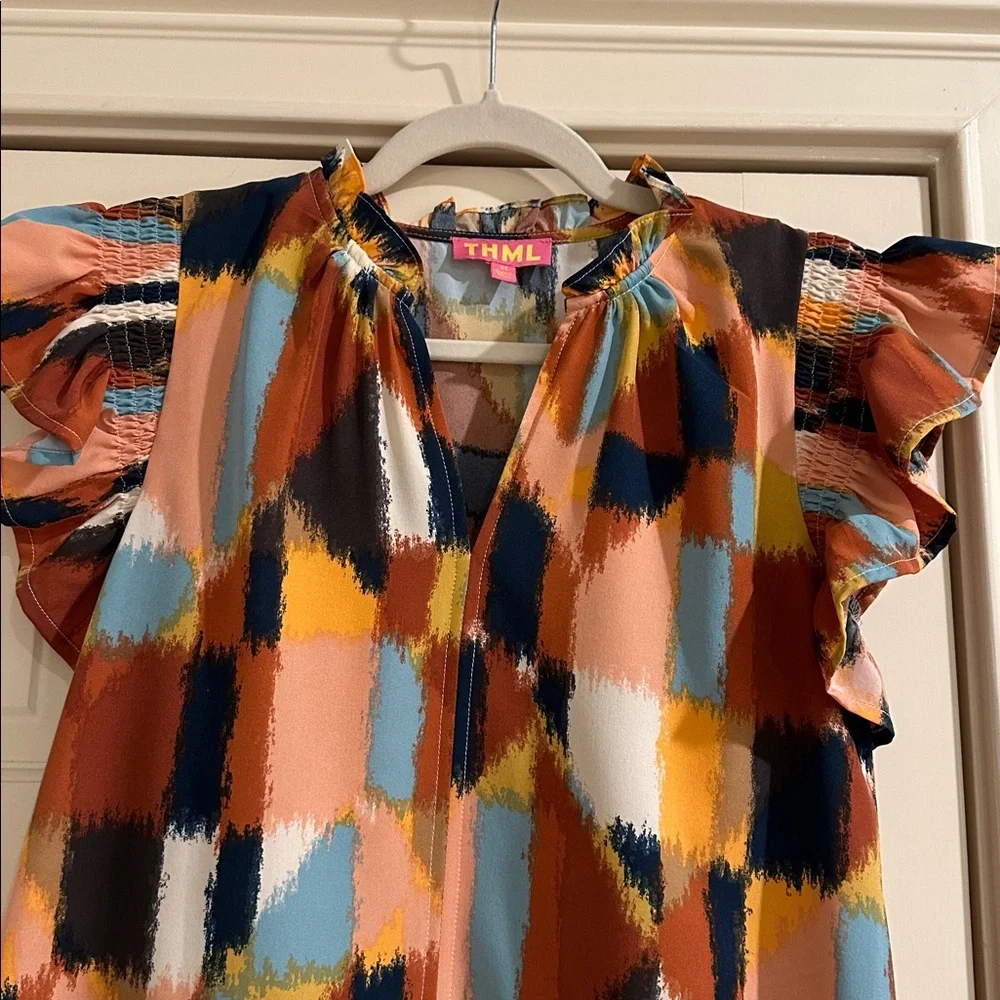THML Multicolor Geometric Ruffle Sleeve Top - Picture 2 of 6